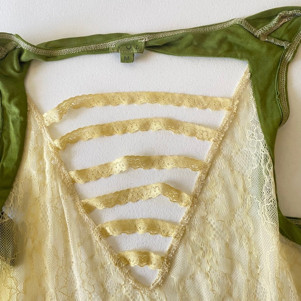 Pol M Olive Green Ivory Lace Open Front Vest Boho Sleeveless Layering Cardigan - Picture 3 of 8